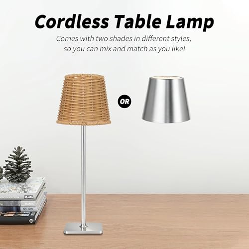 Mr. White Outdoor Waterproof Cordless Wireless Rechargeable Portable Top Touch Battery Operated Powered LED Table Lamp Desk Lamp Lights for Restaurant Kitchen Patio Dinner Dining (Nickel) - color: Nickel Stripe+Wicker Lampshade