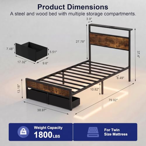 Twin Bed Frame with 2 Drawers and Storage Headboard, Metal Platform with LED Lights and Charging Station, No Box Spring Needed, Noise Free, Easy Assembly