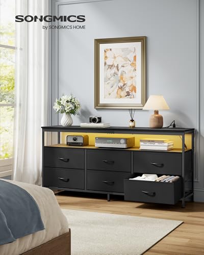 SONGMICS BELLAH Collection - Dresser for Bedroom, Chest of Drawers, TV Stand for TVs Up to 65 Inches, Living Room, Closet, 6 Drawers and 1 Shelf, Modern, Ink Black ULGS834BH02S - color: Ink Black, size: 13.8"D x 57.8"W x 26.8"H (6 Drawers)