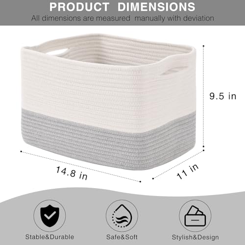 Grey Storage Baskets for Organizing Shelves, Woven Cotton Rope Baskets for Storage, Dog Toy Basket Storage Kids, Gray Shelf Basket, 14.8"×11"×9.5", Pack of 3, Off White & Grey - color: Off White & Grey