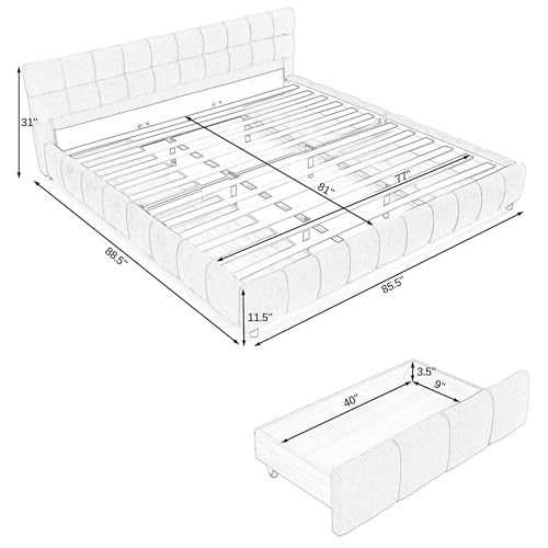 Upholstered Platform Bed with Storage Drawers, Chenille Fabric Low Profile Bed Frame with Soft Headboard, Sturdy Wood Slats, Easy Assembly, No Box Spring Needed (Beige, King (U.S. Standard)) - color: Beige, size: King (U.S. Standard)