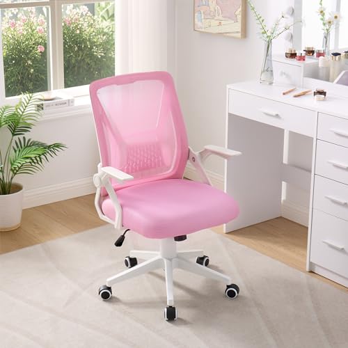 VECELO Mid-Back Swivel Ergonomic Office Chair with Adjustable Arms Mesh Lumbar Support for Computer Task Work, Pink - color: Pink