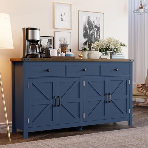 VVFLU 63" Sideboard Buffet Cabinet with Storage, Coffee Bar with 3 Drawers and 4 Barn Doors, Long Wider Storage Cabinet Modern Farmhouse, Blue Wood, for Kitchen, Dining Room, Living Room - color: Blue/Wood, size: 15.7"D x 63"W x 35.2"H