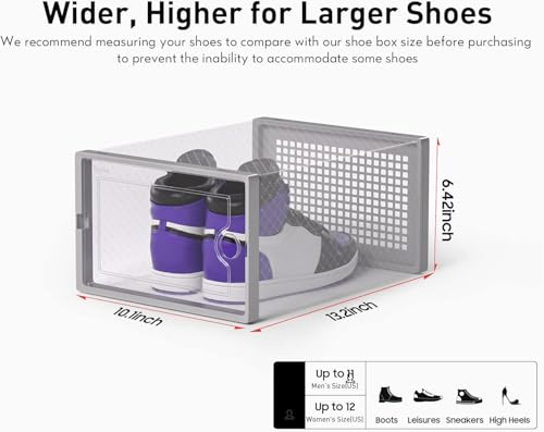 Kuject X-Large Shoe Storage Boxes 12 Pack, Clear Stackable Shoe Organizer | Shoe Case for Closet, Entryway & Under-Bed Storage, Drop-Front Design, Space-Saving Solution for Family Organization,Grey - color: Grey, size: X-Large
