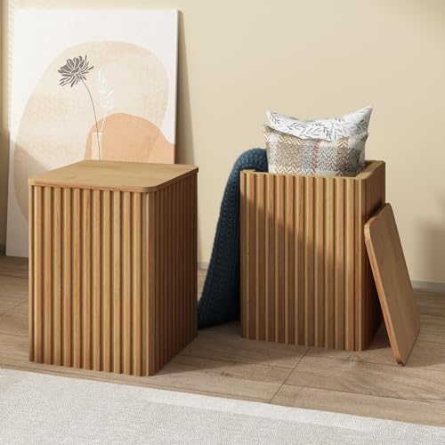 Fluted Side Table with Storage-Small Square End Table | Solid Wood Veneer Top, Accent Tables, Modern Farmhouse Pedestal Drink Tables for Couch, Sofa, Living Room, Natural - color: Natural