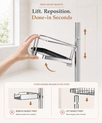 ALLZONE Corner Shower Caddy Tension Pole, 4 Hang-On Basket with Mixed-Height Shelves for Various Bottle Sizes, Extra Hooks & Soap Holder, Rustproof Stainless Steel, Fits 34–116 Inch, Silver/Dark Gray - color: Silver/Dark Gray