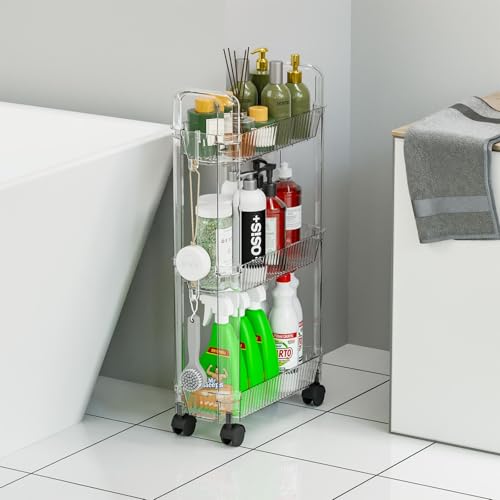 3 Tier Slim Rolling Storage Cart with Wheels for Small Space,Clear Modern Design Slim Utility Cart Suitable as Bathroom Cart Organizer Shelf,Skinny Bathroom Storage Rack,Narrow Laundry Cart on Wheels