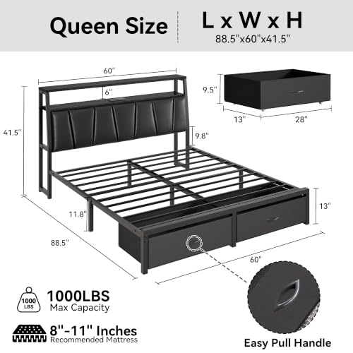 FreeHouse Queen Bed Frame with 2-Tier Storage Headboard and 2 Drawers,Black | Upholstered Platform Bed with Charging Station & LED Lights,Fabric Drawers,Metal Slats, No Box Spring Needed, Noise-Free, - color: Black, size: Queen