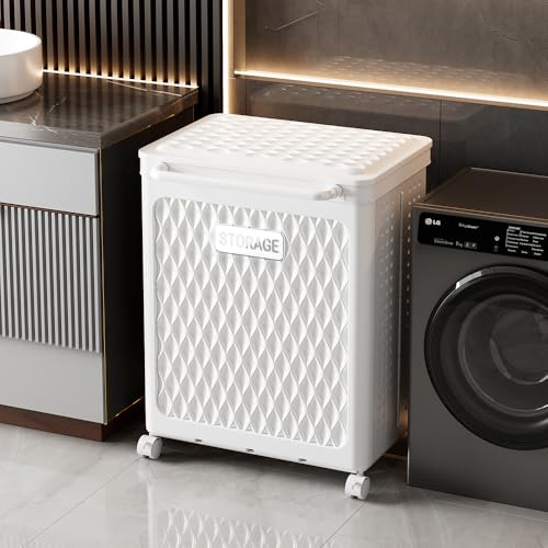 WESAPPINC 55L Collapsible Large Laundry Hamper, Plastic Laundry Basket with Wheels,Suitable for Bathroom, Bedroom, Dorm Room & Laundry Room,Basket with Handle (100L White) - color: 100L White