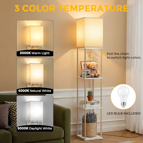 Floor Lamp with Shelves, 3-Tier Square Bookshelf Standing Lamp White & Gold | 3 Color Temperature Bulb Included, Pull Chain Mid Century Tall Lamp for Living Room Bedroom Corner Office Apartment Decor - color: White & Gold