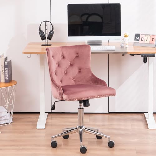 VINGLI Velvet Office Chair - Modern Upholstered Desk Chair with Adjustable Height, Tilting Mechanism, and Rolling Wheels - Pink - color: Pink