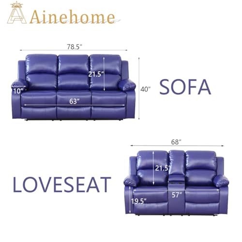A Ainehome Living Room Furniture Set Leather Recliner Sofa Set Loveseat Chair Furniture Sofa Set for Living Room/Small Space/Rv/House/Office/Theater Seating (A-Blue Leather, Sofa+Loveseat) - color: A-blue Leather, size: Sofa+Loveseat