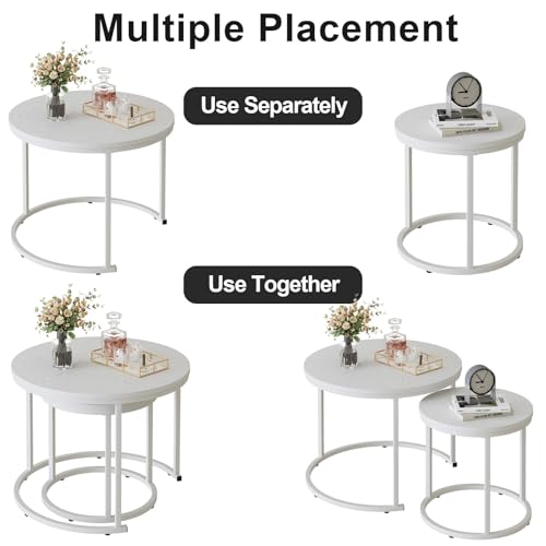 Nesting Coffee Table, 23.6" Round Coffee Table Set of 2, Wooden Nesting Table Set with Metal Frame, Side Tables for Living Room Bedroom Balcony, White - color: White
