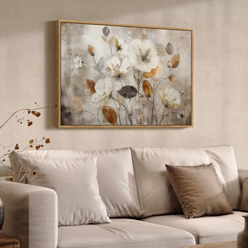 Framed Vintage Neutral Floral Botanical Wall Art for Living Room, 24x36 In | Horizontal, Wood frame, Canvas print, Farmhouse wall decor, Rustic flower picture, Bedroom dining room hallway home decor - color: White & Beige A