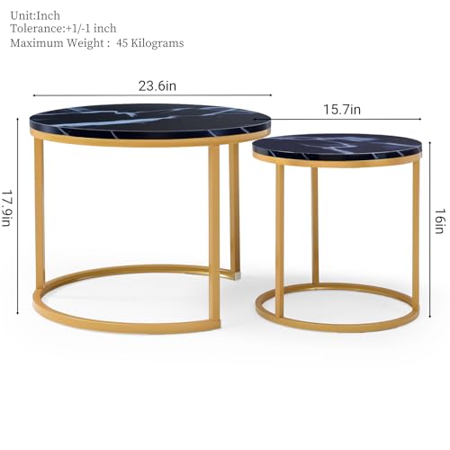 39.3'' Round Nesting Coffee Table Set of 2 for Living Room, Modern Wood Nesting Side End Table with Metal Base, Easy Assembly, Black & Gold - color: S5-39.3in-black & Gold