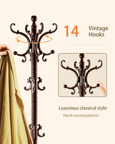 Wooden Coat Rack, Vintage Solid Wood Coat Rack Stand with 14 Hooks | Classic Wood Coat Racks, Clothes Tree Stand, Heavy Duty Standing Coat Jacket Hanger Stand for Corner, Office, Entryway - color: Black Red