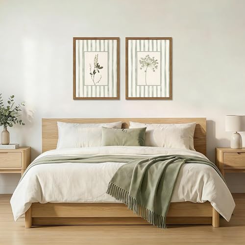 Sage Green Wildflower Wall Art Set of 2, Cottagecore Floral Botanical Canvas Wall Decor, Vintage Rustic Striped Flower Posters Prints Pictures for Living Room Bedroom Bathroom 16x24 Inch Framed - color: Blue Striped Flowers, size: 24"L x 16"W