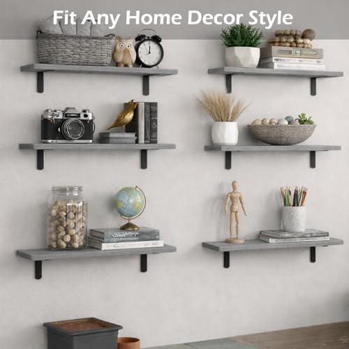 Floating Shelves Set of 6, Wooden Floating Shelves for Wall Decor, Farmhouse Shelf for Bedroom, Wall Mounted Bathroom Storage Shelves, Floating Book Shelves for Living Room - color: Grey