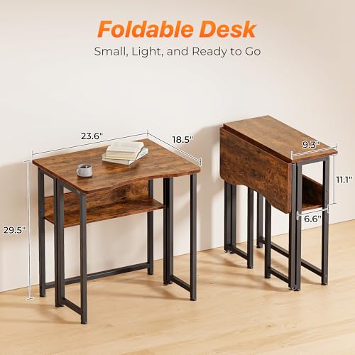 Huuger Folding Desk with Storage Shelf, 23.6 Inch Foldable Computer Table | Writing Work Office Computer Desk for Small Spaces, Space Saving Sofa Table for Couch, Easy to Fold, Rustic Brown - color: Rustic Brown, size: 18.5"D x 23.6"W