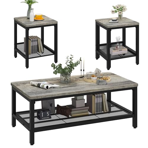 Coffee Table Set of 3 Coffee Table and end Table Sets, Modern Metal Frame Living Room Center Table for Small Apartment Home Office(Gray) - color: Grey