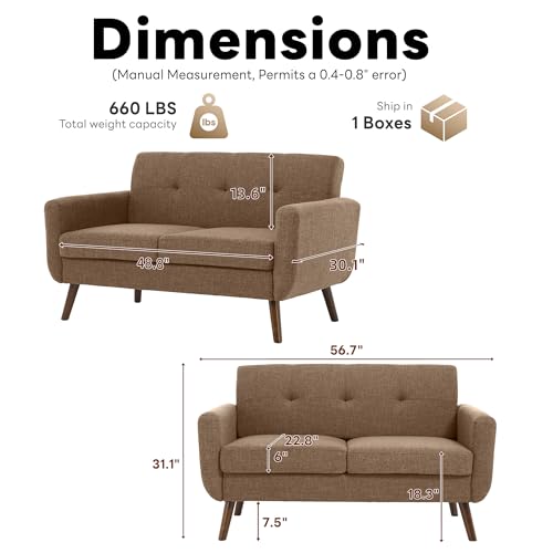 Tbfit 56" W Loveseat Sofa, Mid Century Modern Decor Love Seat Couches for Living Room, Button Tufted Upholstered Small Couch for Bedroom, Solid and Easy to Install Love Seats Furniture, Brown - color: Brown, size: 56.7 inch