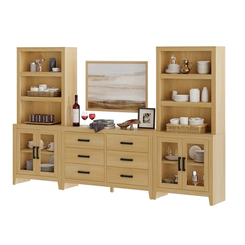 WAMPAT Farmhouse Entertainment Center with Bookshelves, TV Stand Set with Glass Doors & 6 Drawers, Wood Media Console for Living Room, Bedroom, Oak - color: Oak