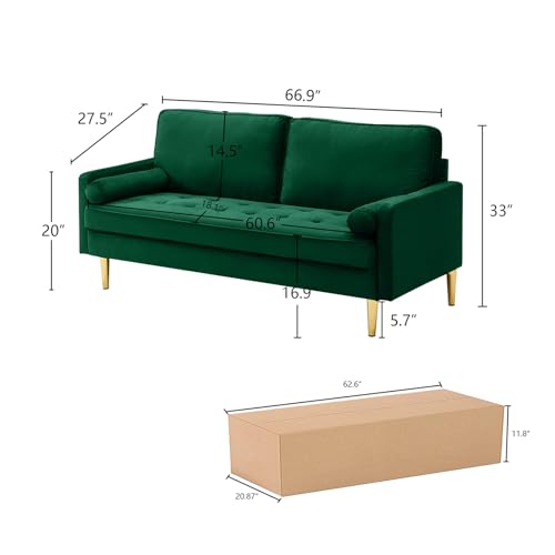 65" Love Seat Sofa, Velvet Small Sofa Small Couch for Bedroom Living Room, Bedroom, Loveseat with 2 Pillows, Gold Legs, Modern Tufted Seat Upholstered Seating for Office, Apartment (Green) - color: Green