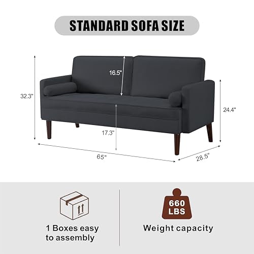 Modern Fabric Loveseat Sofa,2-Seater Small Couch Love Seat with Thick Cushion,65" Cozy Deep Seat Couches for Living Room Compact Home Office (Dark Grey) - color: Dark Grey