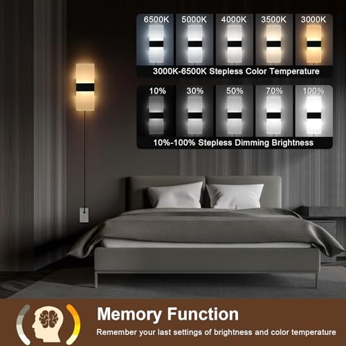 Plug in Wall Sconces with Adjustable 3000K-6500K Colors & 10%-100% Brightness, Wall Sconces Set of Two with Remote, 12W Acrylic LED Plug in Wall Light, Sconces Wall Decor Set of 2 (2 PACK,Black) - size: 2 PACK, Black