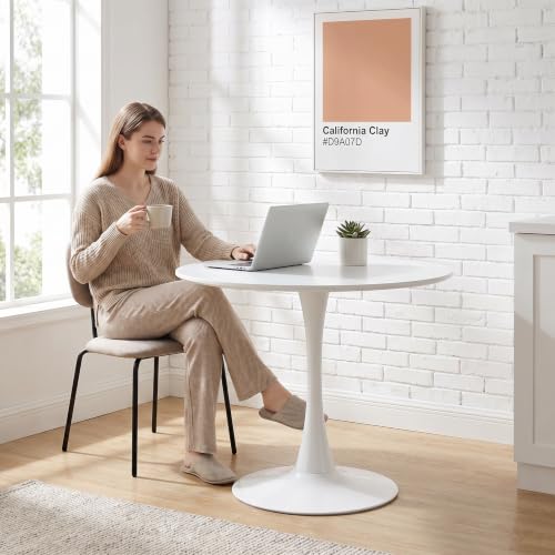 Small Round Dining Table 32" Tulip Table with Metal Pedestal, White | Tulip Table with Metal Pedestal & Thick MDF Top, Mid Century Small Bistro Table for Kitchen & Living Room - color: White-b, size: 31.5"D x 31.5"W x 29.1"H