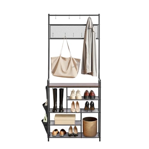 VEVOR Hall Tree, 70.9 in Coat Rack with Shoe Storage, Freestanding 4-Tier Shoe Rack Organizer with Hooks, Side Pocket and Wire Shelf, Steel Frame Entrance Coat Holder for Entryway, Bedroom, Closet - size: High Shoe Rack
