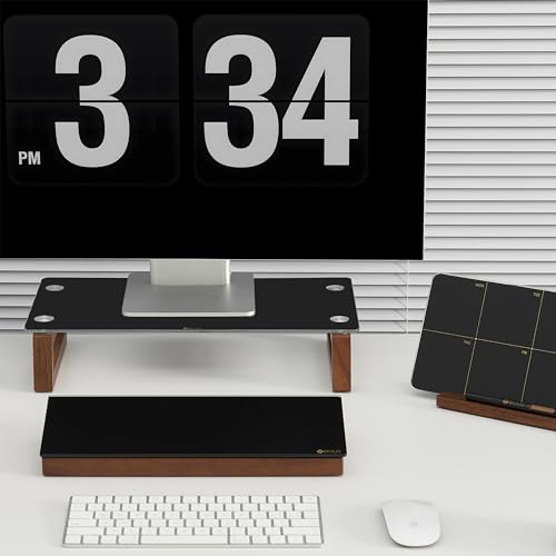 YEOUX Black Glass Computer Monitor Stand Riser with Wooden Base for Flat Screen LCD, LED TV, Laptop, Printer, Multi Media Desktop Stand, Office Supplies Desk Organization - color: Walnut&Black