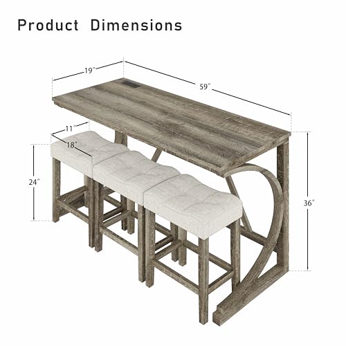 allamazing 4-Piece Counter High Bar Table Set with Socket and 3 Fabric Padded Bar Stools, Tall Kitchen Breakfast Nook with Stool (1+3 Natural) - color: 1+3 Natural