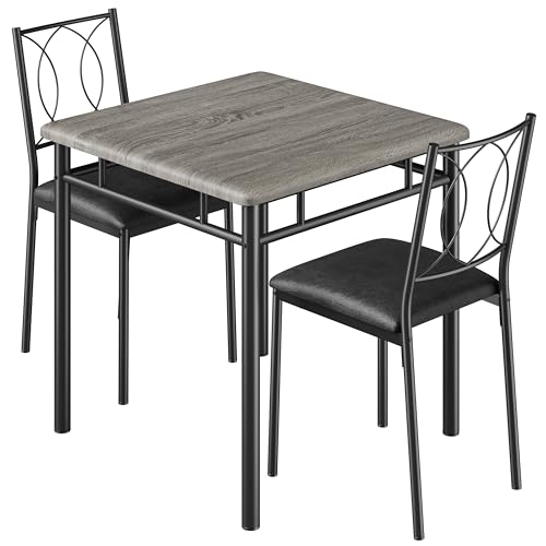 Space-Saving Dining Table Set for 2 – 3-Piece Farmhouse Wood Table & | Upholstered Chairs – Modern Compact Dining Furniture for Apartments & Breakfast Nooks – Grey - color: Grey