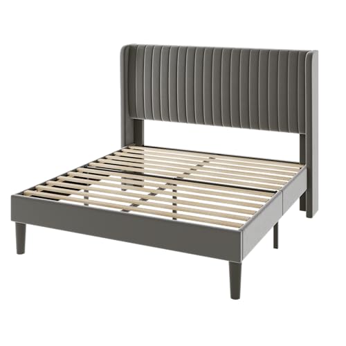 Allewie Queen Size Velvet Bed Frame/Vertical Channel Tufted Wingback Headboard/Upholstered Platform Bed/Strong Wooden Slats/No Box Spring Needed/Easy Assembly/Grey - color: Grey, size: Queen