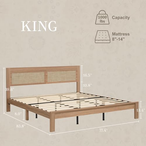 King Bed Frame with Headboard Wood, Rattan Boho Bedframe with Wooden Slats Surpport, Easy Assembly Platform Bed, No Box Spring Needed, Natrual Walnut - size: King (U.S.Standard)