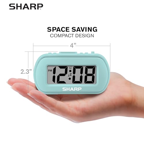 Sharp Battery Alarm Clock with Soft-Touch Case and Blue Backlight, Mint | Soft-touch rubberized case; Battery operated; Blue backlight on demand; Ascending alarm; Snooze; Easy to use - color: Mint