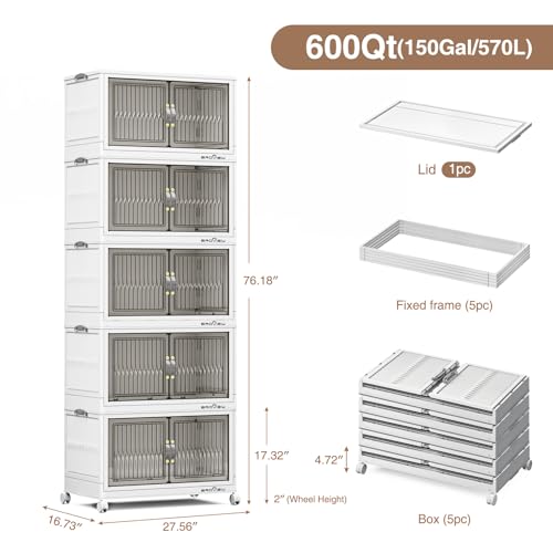 BROVIEW 600Qt Stackable Storage Bins with Lid for Home Dorm, 5Pack White | Closet Organizers, Foldable & Collapsible Cabinets, Large Containers, Wheels & Magnetic Doors, Plastic Drawers for School - color: White, size: 120QT-5Pack