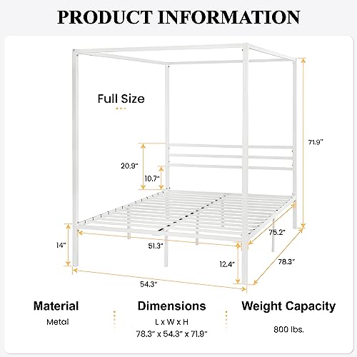 SHA CERLIN Full Size Canopy Bed Frame with Heavy Duty Metal Slats, White | Modern Minimalist Design Four-Poster, Under-Bed Storage Space, Mattress Foundation, No Box Spring Needed, Easy Assembly - color: White, size: Full