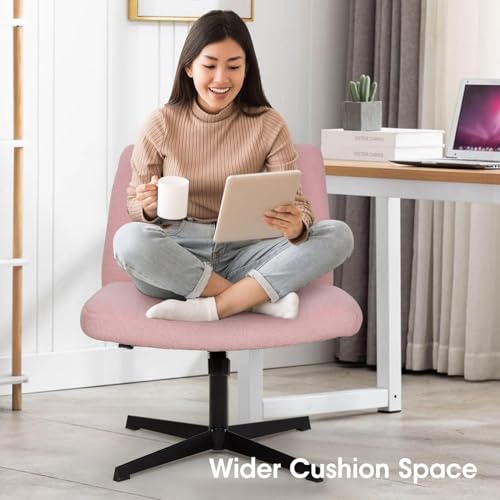 Criss Cross Chair, Armless Cross Legged Office Chair, Comfortable Vanity Chair with Back, Fabric Adjustable Wide Swivel Criss Cross Desk Chair for Home Office, Pink - color: Pink