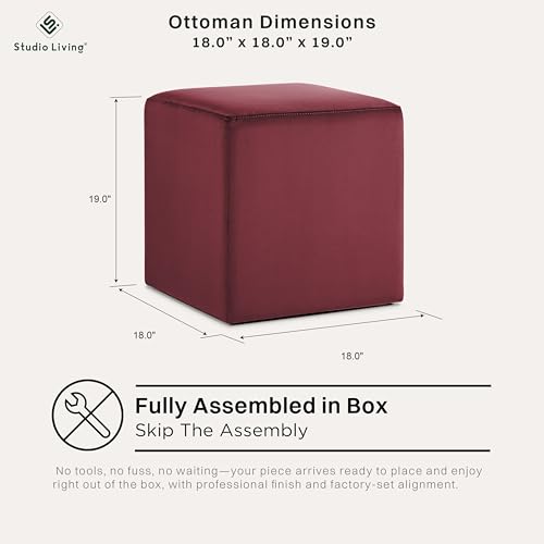 Studio Living® 18” Warren Ottoman Square Soft Velvet Bench, Stationary Ottomans, Backless Chair, Footrest for Living Room, Footstool Office, Bedroom, Padded Seat, Plum - color: Plum