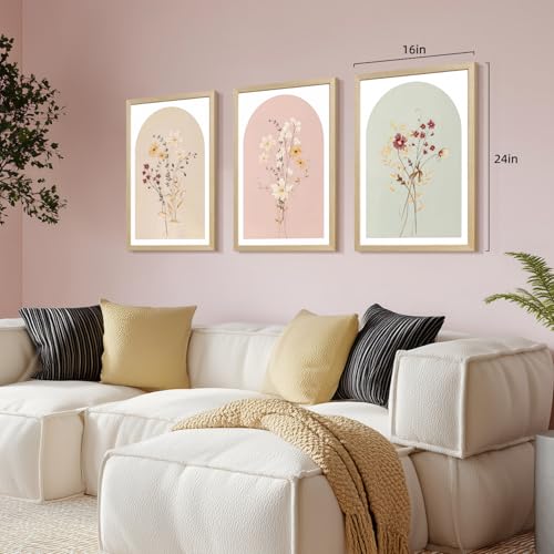 LERVR Wood Framed Botanical Wall Art Set of 3, Vintage Wildflower Canvas Print, Neutral Minimalist Floral Wall Decor, Rustic Farmhouse Botanical Artwork for Living Room Bedroom Bathroom 12x16 Inch - color: ColorWildflower, size: 16"L x 12"W