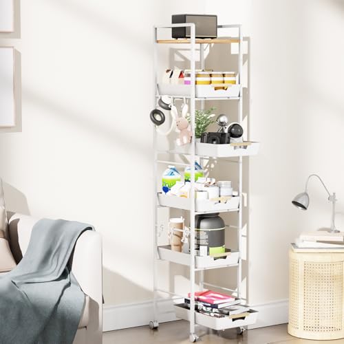 6-Tier Slim Rolling Storage Cart with Wheels, Metal Organizer Tall Rolling Cart, Wood Top Narrow Mobile Utility Cart with Pull-Out Baskets for Kitchen, Bathroom, Laundry Room, 13in(W) White - color: White, size: 6 Tier(13 inches)