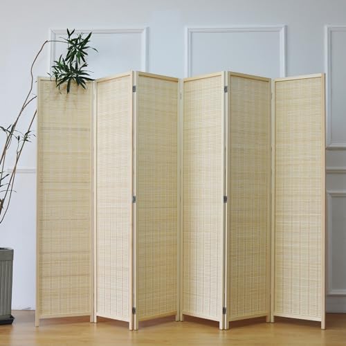 6 Panel Bamboo Room Divider – 5.6 ft Tall Folding Privacy Screen, Natural Beige Freestanding Room Partition Wall (67" H x 92.1" W, 6-Panel) - color: Beige, size: 6 Panel