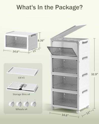 23QT Stackable Storage Bins with Lids and Wheels, 4 Tier 92QT Foldable Plastic Storage Drawers with Magnetic Doors, 4 Pack Collapsible Closet Organizer for Bedroom Office, White