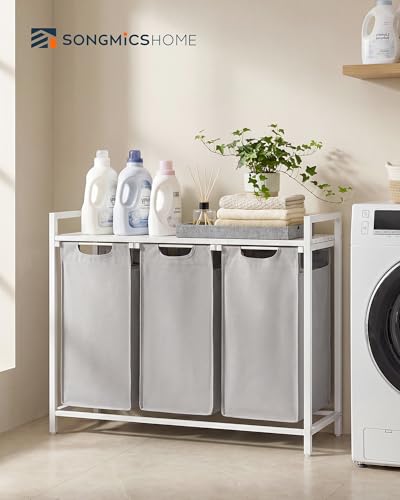 SONGMICS HOME Laundry Basket Sorter with Storage Shelf, Laundry Hamper with Metal Frame, 3 x 10.6 Gallons (40 L), Gray and White - color: Gray + White, size: 3 Bags-120L