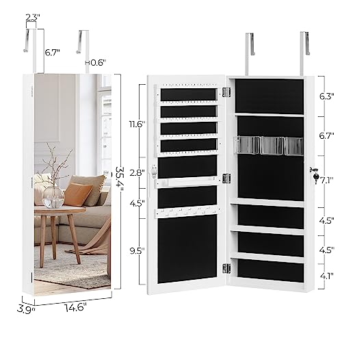 35.4" Wood Jewelry Mirror Cabinet,Wall or Door Mounted Jewelry Storage Cabinet,Space-Saving Large Jewelry Armoire Organizer,with Lock & Full-Length Mirror,for Living Room, Bedroom, Cloakroom (White) - size: 37x10x90cm