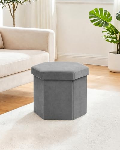 B FSOBEIIALEO Storage Ottoman Cube Hexagonal Pouf Ottomans, Foot Rest Seat for Sofa Footrest Entryway Shoe Footstool for Living Room/Bedroom/Entrway Velvet Grey 16.93"x15"x15" - color: Grey