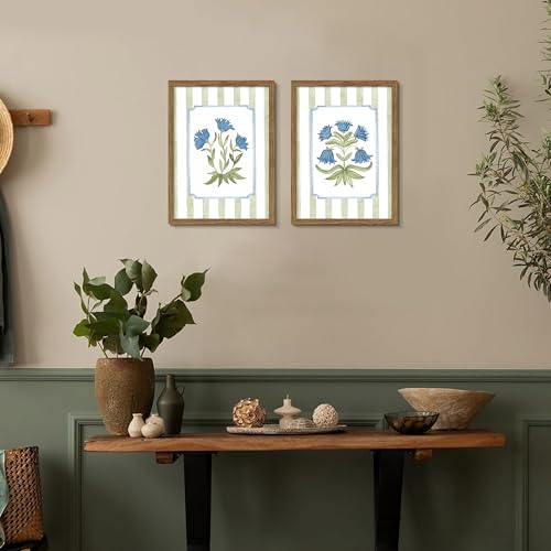 Framed Floral Wall Art Set of 2, Vintage Blue Flower Botanical Canvas Wall Decor Paintings, Cottagecore Stripe Wildflower Posters Prints Pictures for Bedroom Bathroom Living Room 12x16 Inch - color: Blue Floral, size: 16"L x 12"W