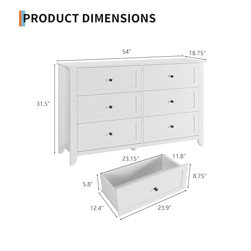 GarveeHome White 6 Drawer Dresser for Bedroom | Simply Modern Chest of Drawers, Wood Storage Double Dresser with Deep Drawers for Living Room, Hallway Entryway - color: White, size: 15.8"D x 54"W x 31.5"H (6 Drawers)